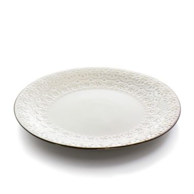 Elama Countess 16 Piece Embossed Double Bowl Stoneware Dinnerware Set in Ivory. View a larger version of this product image.