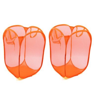 Unique Bargains 2 Pieces Orange Foldable Pop Up Laundry Basket, Mesh Bag Dirty Clothes Storage Laundry Basket Organizer for Home, College, Saloon, Beauty Saloon, Camp Apartment Dwellers or etc. View a larger version of this product image.