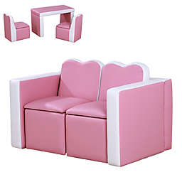 Qaba Kids Sofa Set 2-in-1 Multi-Functional Toddler Table Chair Set 2 Seat Couch Storage Box Soft Sturdy Pink
