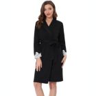 Alternate image 0 for cheibear Women's Valentine's Day Sleepwear, V-Neck with Lace Kimono Robes Sleepwear, Belt Casual Long Knit Bathrobe Ladies Loungewear, X-Large Black