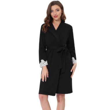 cheibear Women's Valentine's Day Sleepwear, V-Neck with Lace Kimono Robes Sleepwear, Belt Casual Long Knit Bathrobe Ladies Loungewear, X-Large Black. View a larger version of this product image.