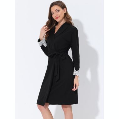 cheibear Women's Valentine's Day Sleepwear, V-Neck with Lace Kimono Robes Sleepwear, Belt Casual Long Knit Bathrobe Ladies Loungewear, X-Large Black. View a larger version of this product image.