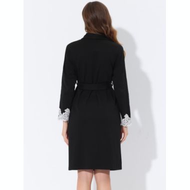 cheibear Women's Valentine's Day Sleepwear, V-Neck with Lace Kimono Robes Sleepwear, Belt Casual Long Knit Bathrobe Ladies Loungewear, X-Large Black. View a larger version of this product image.