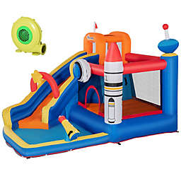 Outsunny 5-in-1 Kids Inflatable Bounce House Space Theme Jumping Castle Includes Slide Trampoline Pool Water Gun Climbing Wall with Carry Bag, Repair Patches and Air Blower