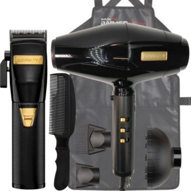 BaByliss PRO Black Cordless Clipper FX870BN Black & Gold BlackFX + BaBylissPRO BLACKFX High-Performance Turbo Dryer + Babyliss Pro Barberology Industrial Barber Apron #BBAPRON + Wahl Flat Top Comb Black. View a larger version of this product image.
