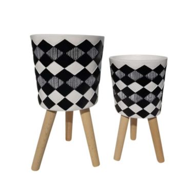Kingston Living Set of 2 Black and White Diamond Design Outdoor Tripod Legs Standing Planters 21". View a larger version of this product image.