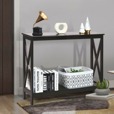 Costway 2-Tier Console X-Design Sofa Side Accent Table-Espresso. View a larger version of this product image.
