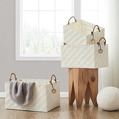 Home Outfitters  S/3 Rect Herringbone Weave W/ Rope Handles, White. View a larger version of this product image.