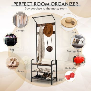 Slickblue 3-in-1 Industrial Hall Tree Coat Rack Shoe Bench with Storage Shelf and 9 Hooks. View a larger version of this product image.