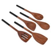 Chef Pomodoro Cooking Wooden Utensils, Spoons, Spatula for Kitchen, 5-Piece Set, 12" Long, Non Stick Cookware Tools or Utensils Includes Wooden Spoon, Spatula, Fork, Slotted Turner, (Black)