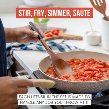 Chef Pomodoro Cooking Wooden Utensils, Spoons, Spatula for Kitchen, 5-Piece Set, 12" Long, Non Stick Cookware Tools or Utensils Includes Wooden Spoon, Spatula, Fork, Slotted Turner, (Black). View a larger version of this product image.