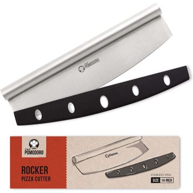 Chef Pomodoro Pizza Cutter Rocker Knife with Protective Cover, Multipurpose 14 Inch Mezzaluna Chopper with Super Sharp Stainless Steel Blade, Blade Cover, Premium Pizza Accessories Dishwasher Safe. View a larger version of this product image.