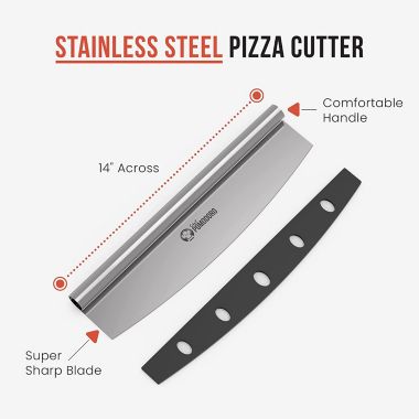 Chef Pomodoro Pizza Cutter Rocker Knife with Protective Cover, Multipurpose 14 Inch Mezzaluna Chopper with Super Sharp Stainless Steel Blade, Blade Cover, Premium Pizza Accessories Dishwasher Safe. View a larger version of this product image.