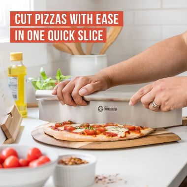 Chef Pomodoro Pizza Cutter Rocker Knife with Protective Cover, Multipurpose 14 Inch Mezzaluna Chopper with Super Sharp Stainless Steel Blade, Blade Cover, Premium Pizza Accessories Dishwasher Safe. View a larger version of this product image.
