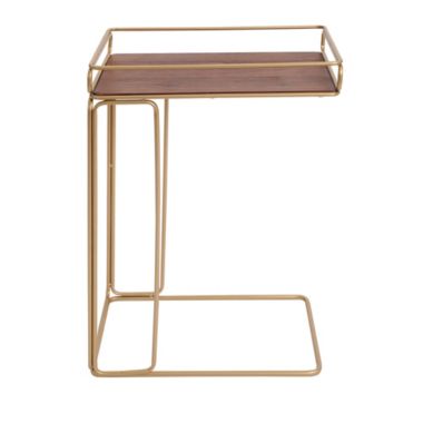 Slickblue C Shaped Side Table with Metal Frame, Brown and Gold. View a larger version of this product image.