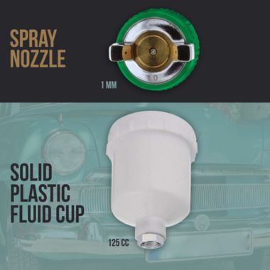 Professional TCP Global Brand HVLP Touch-Up Spray Gun with a 1.0mm Fluid Tip & 4 oz. (125cc) Plastic Cup with Lid. View a larger version of this product image.