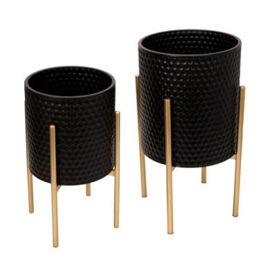 Kingston Living Set of 2 Black and Gold Honeycomb Textured Standing Planters 23". View a larger version of this product image.
