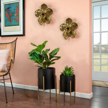 Kingston Living Set of 2 Black and Gold Honeycomb Textured Standing Planters 23". View a larger version of this product image.