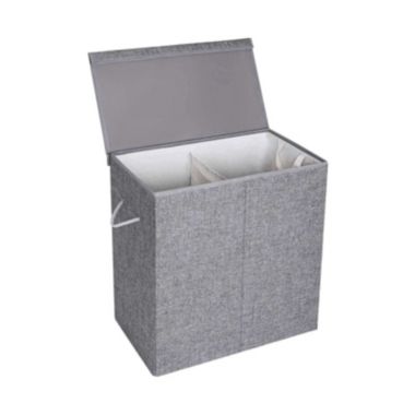 SONGMICS Fabric Double Laundry Hamper Separate Compartments Sorter 2 Sections Collapsible Clothes Storage Basket with Handles Detachable Lid and Liner Gray. View a larger version of this product image.