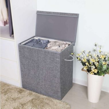 SONGMICS Fabric Double Laundry Hamper Separate Compartments Sorter 2 Sections Collapsible Clothes Storage Basket with Handles Detachable Lid and Liner Gray. View a larger version of this product image.