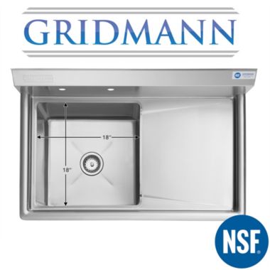 GRIDMANN Stainless Steel 1 Compartment Utility Sink with Drainboard, NSF Certified Commercial Kitchen Sink, 18" x 18" x 12" Bowl. View a larger version of this product image.