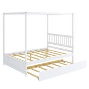 Slickblue Full Size Canopy Bed with Trundle Wooden Platform Bed Frame Headboard-White