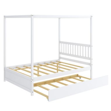 Slickblue Full Size Canopy Bed with Trundle Wooden Platform Bed Frame Headboard-White. View a larger version of this product image.