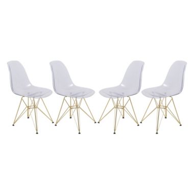 LeisureMod Cresco Molded Plastic Eiffel Side Chair with Gold Base, Set of 4 - Clear. View a larger version of this product image.