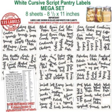 Talented Kitchen 135 White Cursive Pantry Labels - Kitchen Pantry Names Food Label Sticker, Water Resistant Pantry Labels for Containers, Jar Labels Pantry Organization and Storage. 135 White Cursive. View a larger version of this product image.