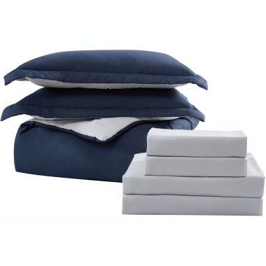 The Nesting Company Chestnut Collection Reversible Bed in a Bag Bedding Down Alternative 7 Piece Comforter and Sheet Set, Hotel Quality Luxuriously Soft Lightweight and Comfortable Microfiber - Queen - Navy/Gray. View a larger version of this product image.