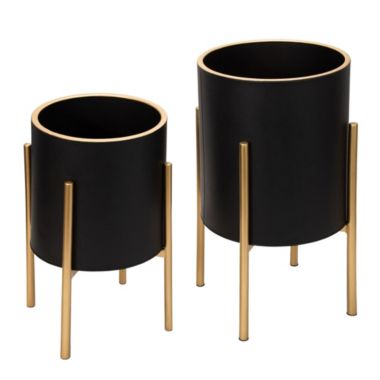 Kingston Living Set of 2 Black and Gold Solid Outdoor Planter on Stand 23". View a larger version of this product image.