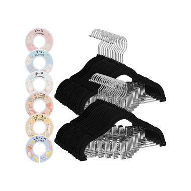 SONGMICS Kids Velvet Hangers with Clips, 30 Packs, Baby Hangers with 6 Clothes Dividers, Non-Slip Children's Clothes Hangers, Pants Hangers, Black. View a larger version of this product image.