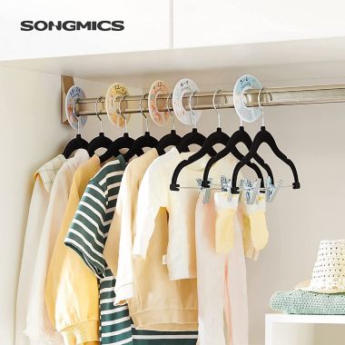 SONGMICS Kids Velvet Hangers with Clips, 30 Packs, Baby Hangers with 6 Clothes Dividers, Non-Slip Children's Clothes Hangers, Pants Hangers, Black. View a larger version of this product image.