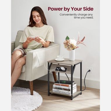 VASAGLE Side Table with Charging Station, End Table with USB Ports and Outlets, Nightstand for Living Room, Bedroom, Plug-in Series, Greige and Black. View a larger version of this product image.