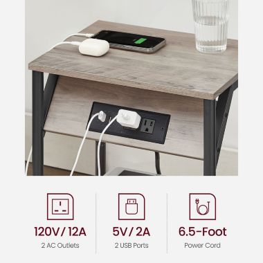 VASAGLE Side Table with Charging Station, End Table with USB Ports and Outlets, Nightstand for Living Room, Bedroom, Plug-in Series, Greige and Black. View a larger version of this product image.