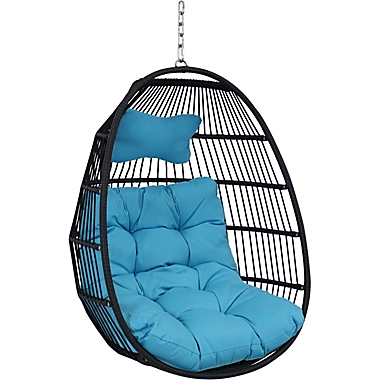 Sunnydaze Outdoor Resin Wicker Patio Julia Hanging Basket Egg Chair Swing with Cushions and Headrest - Blue - 2pc. View a larger version of this product image.