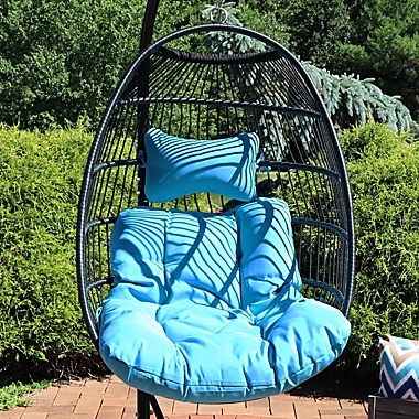Sunnydaze Outdoor Resin Wicker Patio Julia Hanging Basket Egg Chair Swing with Cushions and Headrest - Blue - 2pc. View a larger version of this product image.