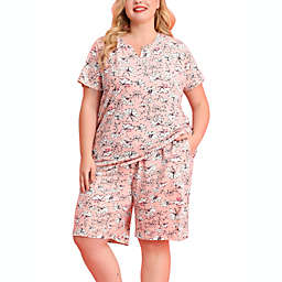 Agnes Orinda Women's Plus Loungewear Elastic Waist Short Sleeve Pajamas Set Pink 3X