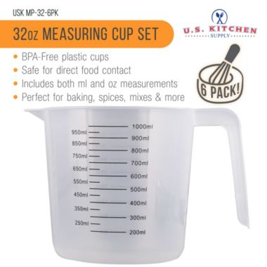 U.S. Kitchen Supply&reg; - 32 oz (1000 ml) Plastic Graduated Measuring Cups with Pitcher Handles (Pack of 6), 4 Cup Capacity, Ounce Markings, Measure Mix. View a larger version of this product image.