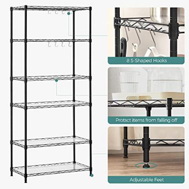 SONGMICS 6-Tier Metal Storage Shelves, Wire Shelving Unit, with Adjustable Shelves, Garage Shelving, Kitchen, Living Room Storage Rack, Shelf Liners, 8 Hooks, Max. Load 264 lb, Black. View a larger version of this product image.