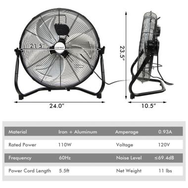 Slickblue 20 Inch High-Velocity Floor Fan with 3 Wind Speeds-Black. View a larger version of this product image.