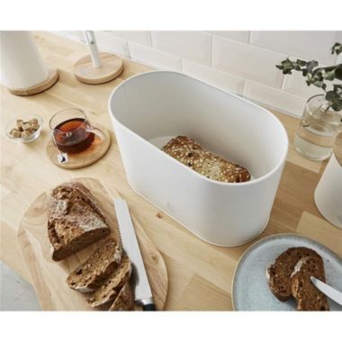 Swan - Nordic Collection Bread Bin with Bamboo Lid, 15cm x 15cm x 35cm, Matte White. View a larger version of this product image.