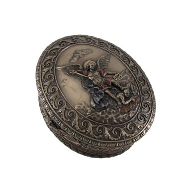 Veronese Design Ornate Bronze St. Michael Bas Relief Oval Trinket Box. View a larger version of this product image.