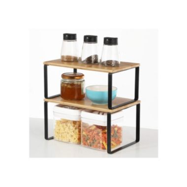 SONGMICS Cabinet Shelf Organizer, Set of 2 Kitchen Counter Shelves, Stackable, Expandable Spice Rack for Pantry, Metal and Bamboo, Black and Natural. View a larger version of this product image.