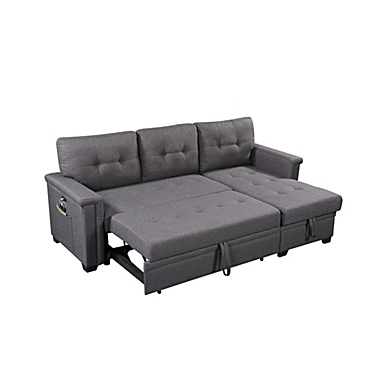 Contemporary Home Living 86" Gray Linen Reversible Sleeper Sectional Sofa with Storage Chaise, USB Charging Ports and Pocket. View a larger version of this product image.