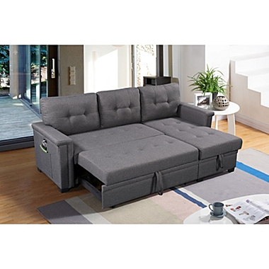 Contemporary Home Living 86" Gray Linen Reversible Sleeper Sectional Sofa with Storage Chaise, USB Charging Ports and Pocket. View a larger version of this product image.