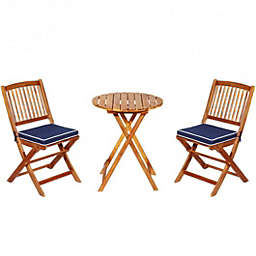 Costway 3 Pieces Patio Folding Wooden Bistro Set Cushioned Chair-Navy