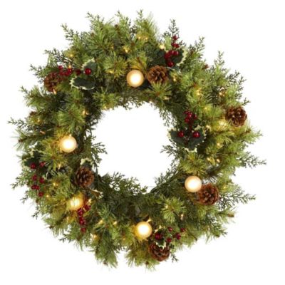 Nearly Natural 24" Christmas Artificial Wreath with 50 White Warm Lights, 7 Globe Bulbs, Berries and Pine Cones
