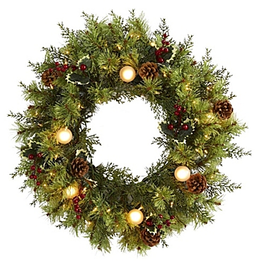 Nearly Natural 24" Christmas Artificial Wreath with 50 White Warm Lights, 7 Globe Bulbs, Berries and Pine Cones. View a larger version of this product image.