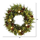 Alternate image 1 for Nearly Natural 24" Christmas Artificial Wreath with 50 White Warm Lights, 7 Globe Bulbs, Berries and Pine Cones